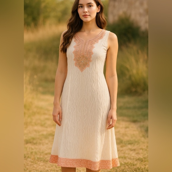 Handmade Dresses & Skirts - Bohemian Embroidered Hand Beaded White & Silver-Style Women’s Tunic Dress